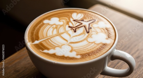 Airplane and clouds latte art on a cappuccino in a white mug on a wooden table.