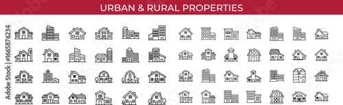 Urban and rural properties icon set featuring houses, buildings, and homes, perfect for illustrating real estate, architecture, and design in city, country, and farm landscapes