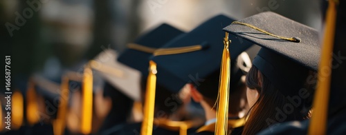 The Graduates in Caps and Gowns at Commencement Ceremony with Tassels