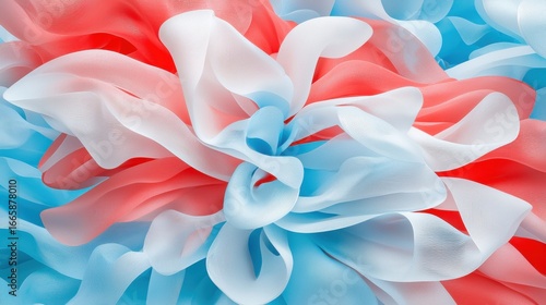 A vibrant abstract composition of overlapping pink, white, and blue fabric.