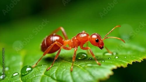Wallpaper Mural Close up of red ant walking on green leaf with water droplets in macro nature shot 
 Torontodigital.ca
