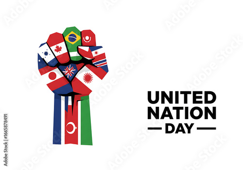 A graphic for United Nations Day showing a clenched fist made of flags representing global unity and cooperation.

