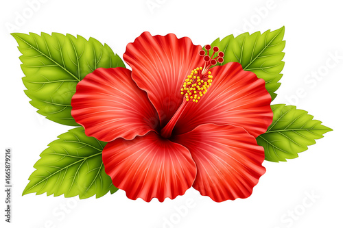 Red Hibiscus Flower with Green Leaves Isolated Vector Illustration