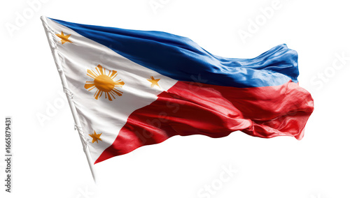 The waving Philippine flag, showcasing the sun, stars, blue, red, and white colors