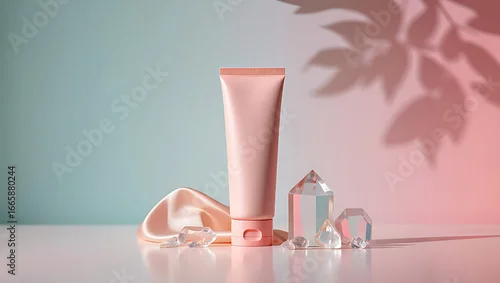 Fototapeta Pink cosmetic tube with crystals and silk pink tube skincare
