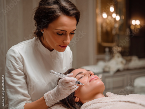 
close-up of a woman receiving a professional facial massage in a luxury spa, soft skin, glowing face, therapist in white uniform, calm neutral background, soft focus, clean aesthetic