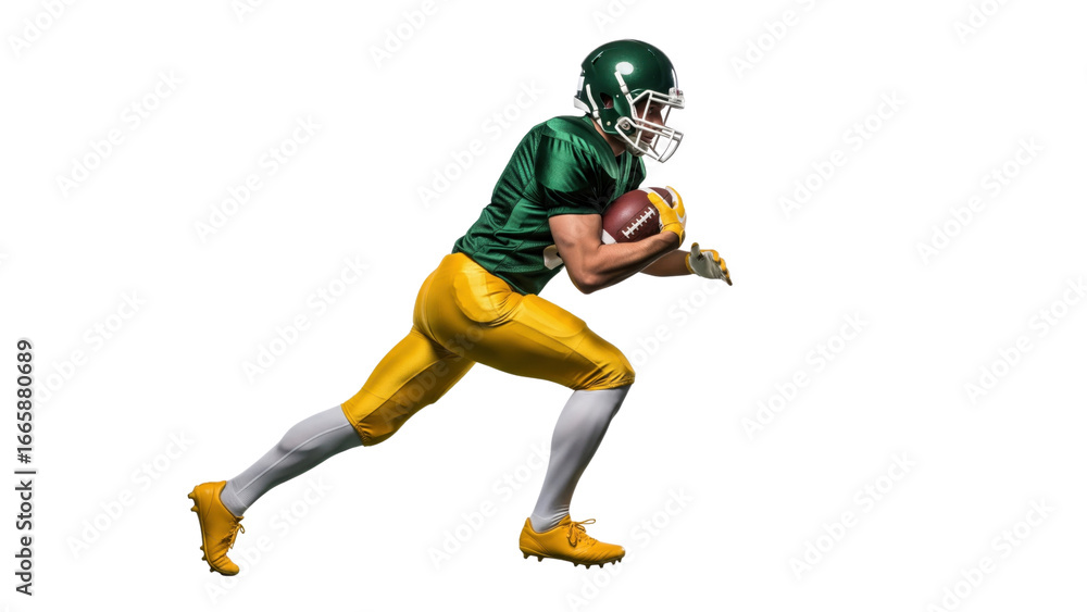 Obraz premium Dynamic Gridiron Run: A determined athlete, clad in vibrant colors and protective gear, charges forward with the football, capturing the energy and thrill of the game.
