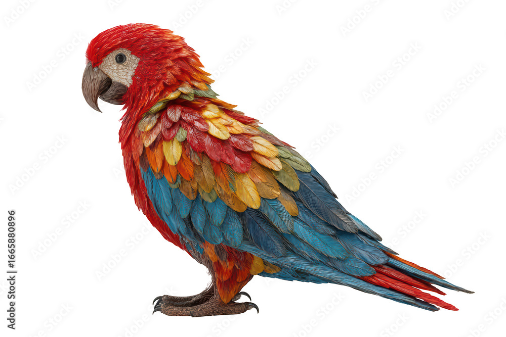 Fototapeta premium Colorful macaw statue, vibrant feathers, standing on black background