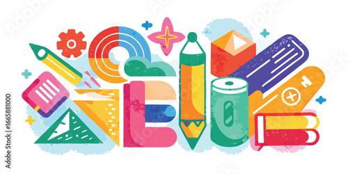 Abstract design composition featuring geometric shapes,pencils,and a book stack,ideal for creative backdrops,vector graphic,and artistic decor
