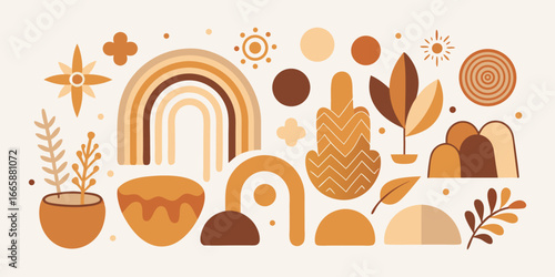 Abstract earth tone pattern with rainbows,plants and boho elements,creating a minimalist aesthetic for textile designs and trendy backgrounds