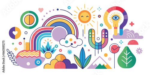 Abstract illustration featuring rainbow sun clouds and graphic elements creates a vibrant and playful composition with positive and creative energy