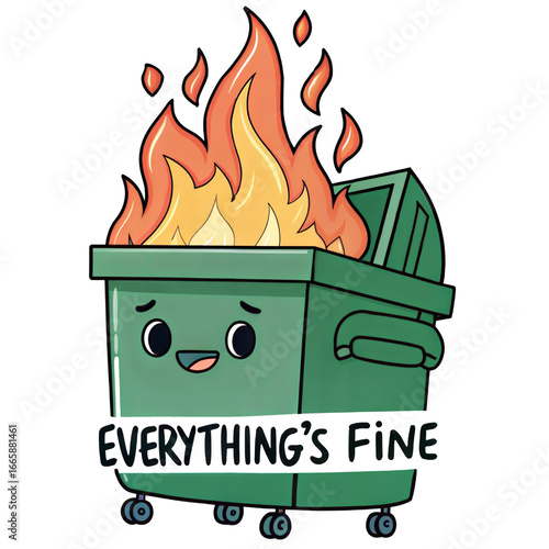 Cartoon dumpster fire with a smiling face stating that everything is fine