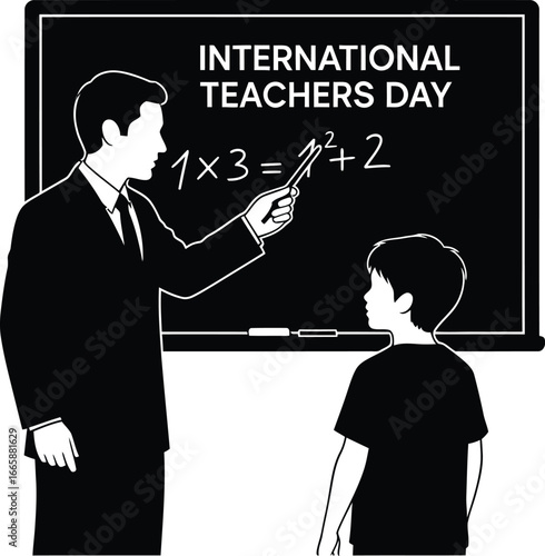 Inspiring teacher explaining math formula to young student for International Day