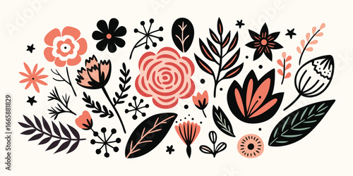 Artistic floral element vector featuring graphic outlines and coral accents for modern design projects and backgrounds