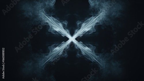 A symmetrical design of a cross formed by two intersecting lines.
