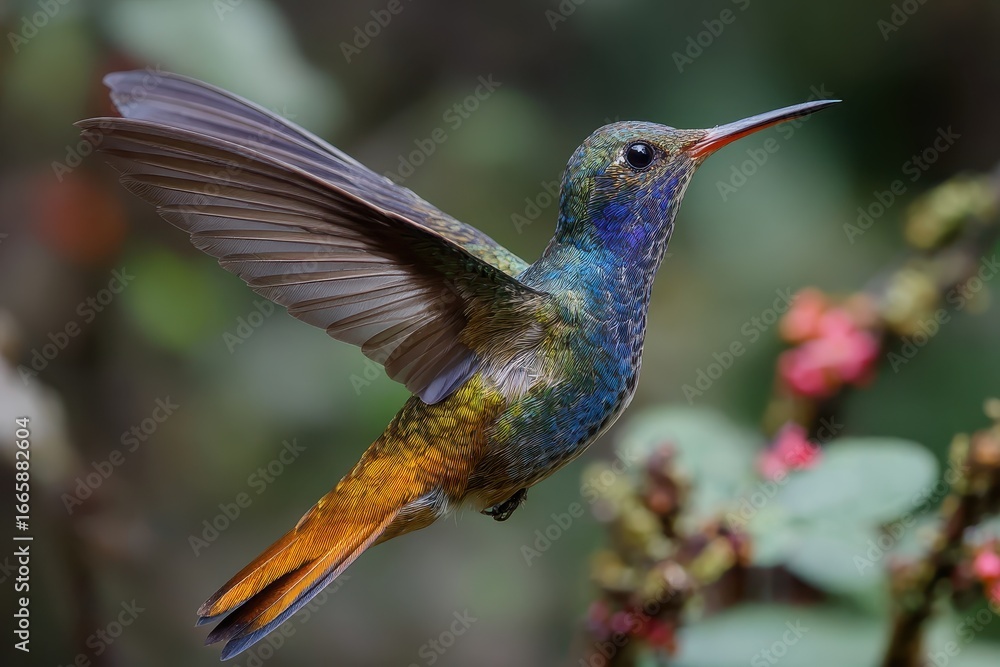 Fototapeta premium Golden tailed sapphire hummingbird in mid-flight amidst vibrant foliage in a lush tropical environment during the day