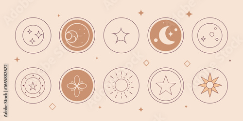 Celestial round icons collection with stars moon and sun mystical spiritual design astrological symbols for branding logo decoration and occult themes