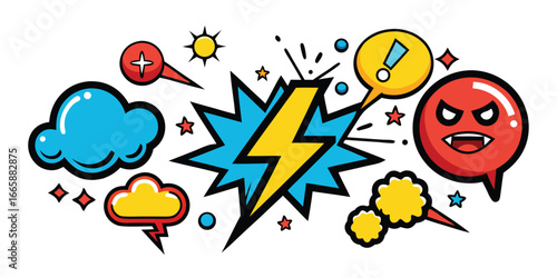 Comic book style elements and icons collection,pop art style,angry face,lightning and clouds flat design