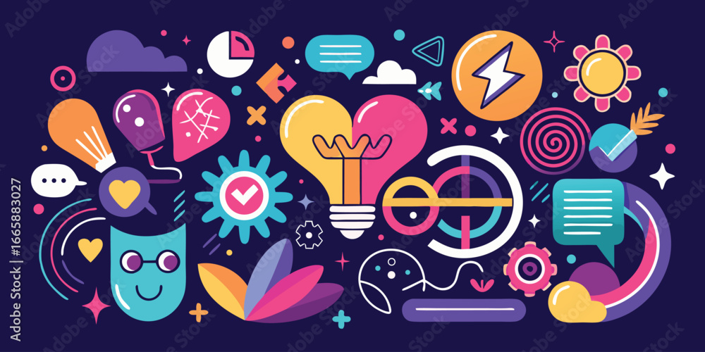 Fototapeta premium Creative abstract vector pattern with lightbulbs speech bubbles and flowers for modern trendy backgrounds and design