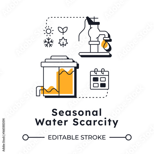 Seasonal water scarcity modern linear concept icon. Shortage related to weather patterns. Freshwater crisis type. Flat outline elements connected with dotted lines. Creative visual. Easy to edit