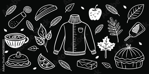 Cozy autumn doodle set in white outline with sweater,cup of tea,leaves and desserts on background