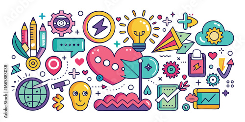 Creative abstract elements vector illustration featuring bulb globe cloud heart gear pencil speech bubble and more isolated on white