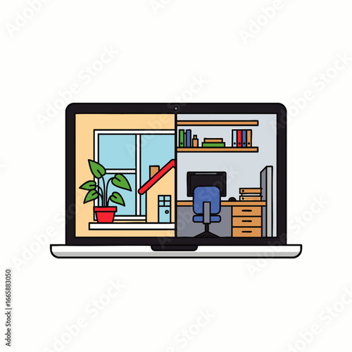 This insightful illustration on a laptop screen perfectly captures the essence of remote work, portraying the distinct yet connected worlds of home and office.