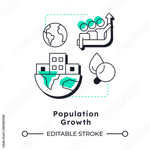 Population growth modern linear concept icon. Increasing demand for freshwater. Cause of water scarcity. Flat outline elements connected with dotted lines. Creative visual. Easy to edit