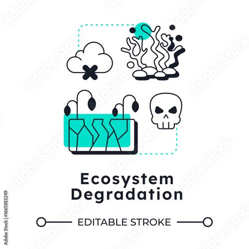 Ecosystem degradation modern linear concept icon. Problem of dangerous nature damage. Impact of water crisis. Flat outline elements connected with dotted lines. Creative visual. Easy to edit