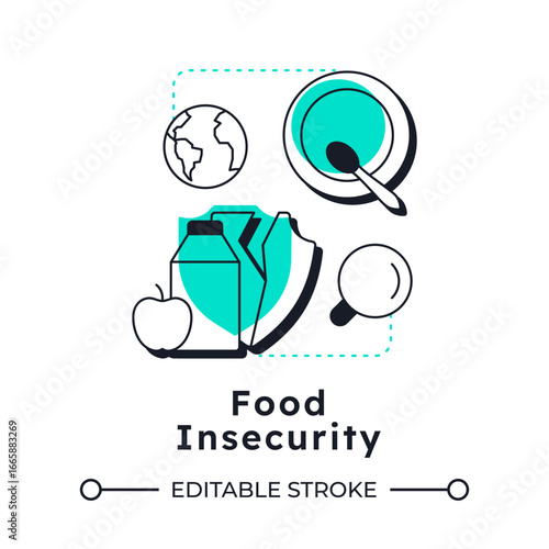 Food insecurity modern linear concept icon. Agricultural industry problems danger. Impact of water crisis. Flat outline elements connected with dotted lines. Creative visual. Easy to edit