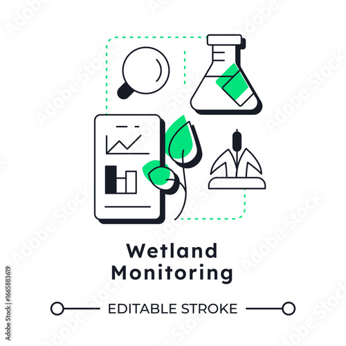 Wetland monitoring modern linear concept icon. Observation and data collection. Phase of swamps restoration. Flat outline elements connected with dotted lines. Creative visual. Easy to edit
