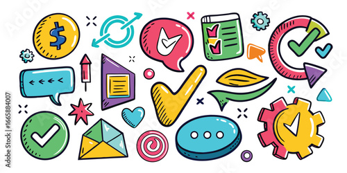 Doodle icon set with checkmarks arrows and speech bubbles for business or social media concepts