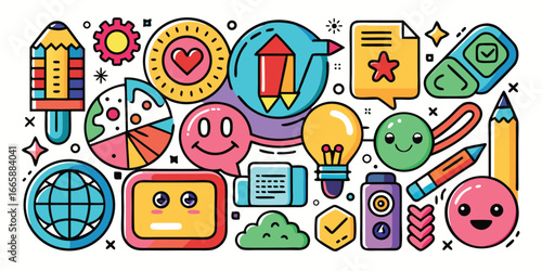 Doodle icon set with stationery and emoticons perfect for education and creative designs bright white background