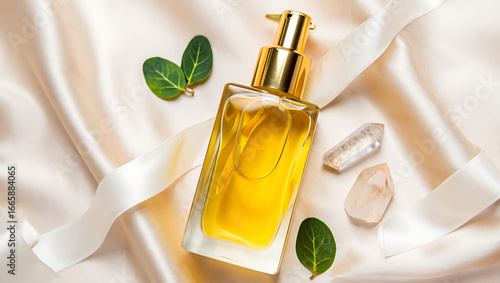 Golden liquid in glass bottle with crystals and leaves on satin image