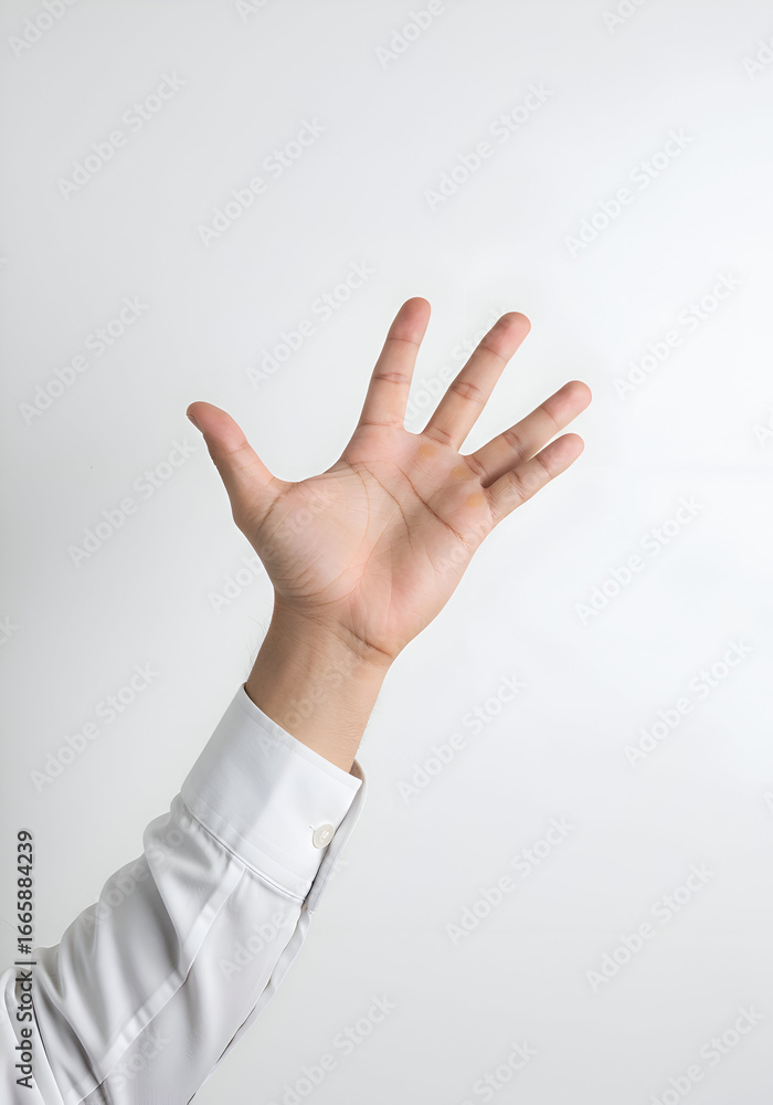 Naklejka premium A male hand in a white collared shirt extends outward, palm up, against a plain white background. Neutral hand gesture with plain backdrop.