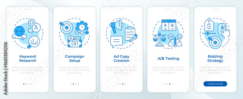 SEM campaign blue onboarding mobile app screen. Budget management. Walkthrough 5 steps editable graphic instructions with linear concepts. UI, UX, GUI. Montserrat SemiBold, Regular fonts used