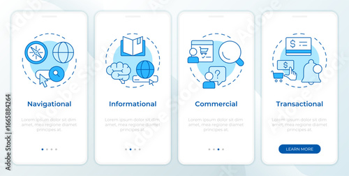 Search intent control blue onboarding mobile app screen. Walkthrough 4 steps editable graphic instructions with linear concepts. UI, UX, GUI. Montserrat SemiBold, Regular fonts used
