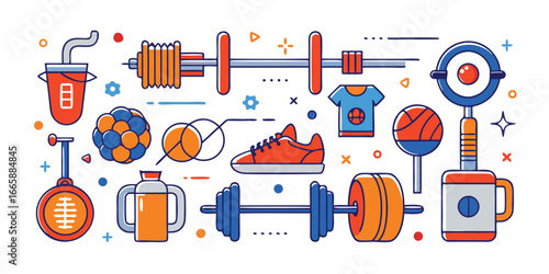 Fitness and sports equipment flat vector illustration featuring dumbbells basketball gear running shoes and supplements for a healthy lifestyle