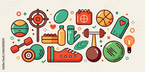 Fitness and wellness icons flat vector illustration gym equipment healthy lifestyle elements sport and wellbeing design