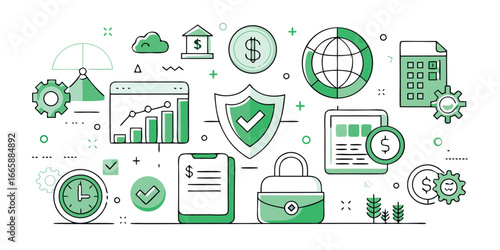 Financial technology thin line style illustration with banking security and data analysis for business and investment growth