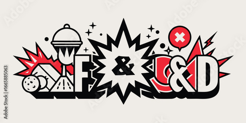 Food and creativity concept design featuring culinary elements with geometric shapes and explosive stylized artwork with symbolism illustration