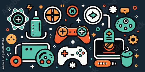 Game design elements arrangement vector graphics retro style games and entertainment fun abstract illustration gaming console symbols and decorations