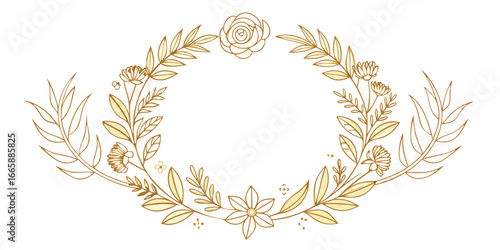 Golden floral frame with leaves and flowers elegant design for invitations and decorative use botanical style isolated on white perfect for wedding and celebrations