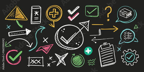 Hand drawn business concept icons and symbols on dark background illustrating business strategy planning and decision making with sketchy doodle style