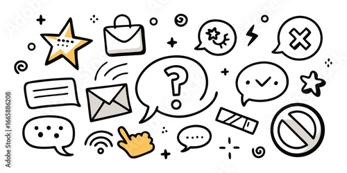 Hand drawn doodle design elements communication symbols and notifications for web ui ux and graphic designs modern style with question star and email