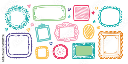 Hand drawn doodle frames collection in various shapes and colors featuring unique decorative elements on white background for graphic projects