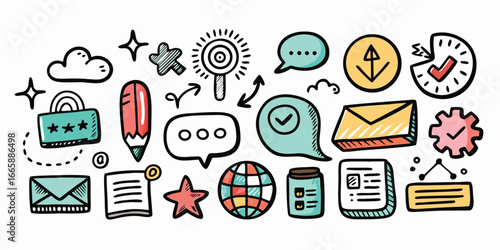 Hand drawn doodle social media and business icons isolated vector elements for digital marketing and modern communication technologies illustrations