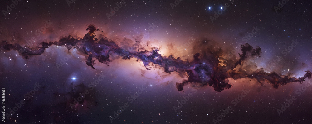 Fototapeta premium A stunning view of a nebula in deep space with vibrant colors. Panoramic space background. 