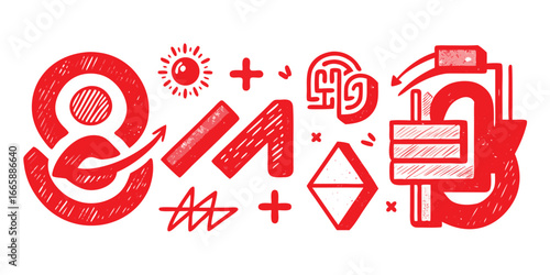 Hand drawn red abstract shapes and symbols isolated on white background artistic graphic elements for decoration and design