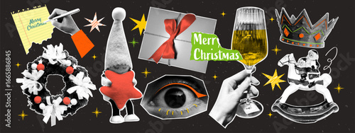 Vintage New Year collage with halftone and magazine cutout elements. Hand writing a wish, elf, Christmas wreath, eye, gift box, hand with glass of champagne, crown, horse.